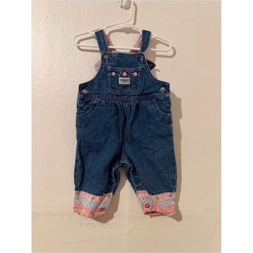 Vintage OshKosh B'gosh Dark Blue Denim Overalls with Pink Floral Cuffs